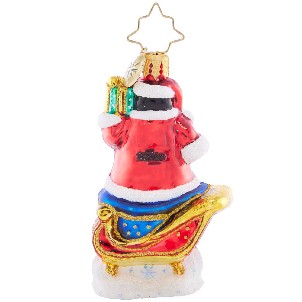 Back - Ornament Description - Silliest Sleight Ride Gem: This pair of playful penguins are getting up to some merry-mischief, disguising themselves as Santa Claus in his trademark red coat! Strap in to the sleigh for a silly ride through the snow.