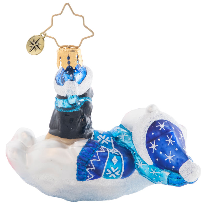 Back - Ornament Description - Perfect Polar Pals Gem: Laid-back and lounging in a snowflake-covered Christmas sweater and scarf, these polar bear and penguin pals are the definition of chill.