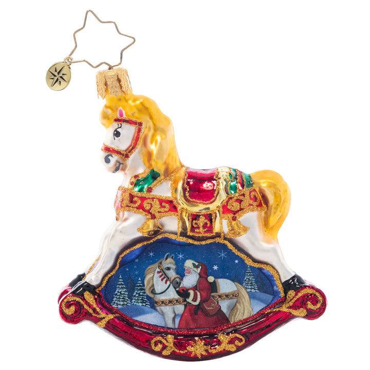 Back - Ornament Description - Resplendent Rocking Horse Gem: Ornately decorated with a snowy scene of Santa and his noble steed, this ornament is a timeless and traditional piece to adorn your tree.
