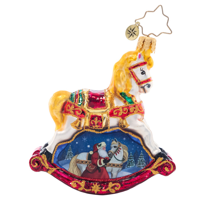 Front - Ornament Description - Resplendent Rocking Horse Gem: Ornately decorated with a snowy scene of Santa and his noble steed, this ornament is a timeless and traditional piece to adorn your tree.