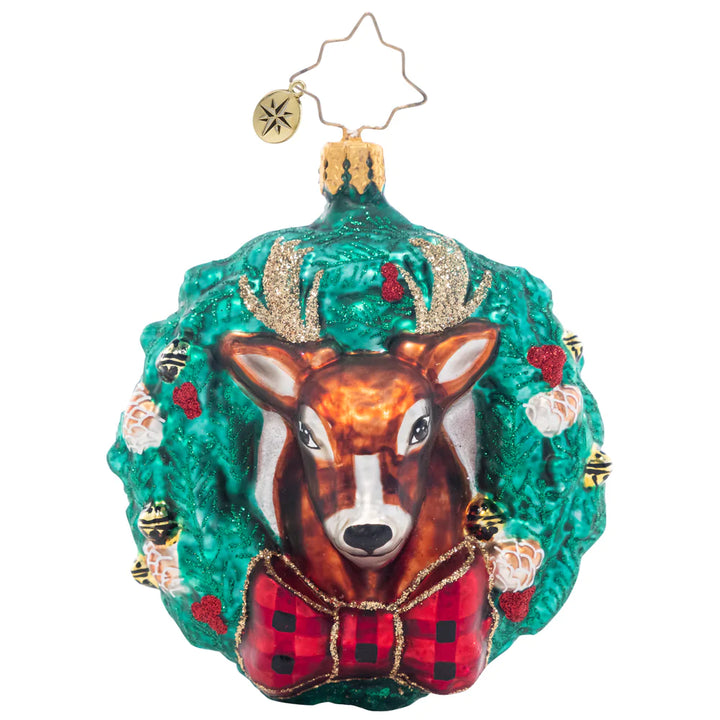 Front - Ornament Description - Rustic Reindeer Wreath Gem: That's one dashing reindeer! Dressed to the nines in a checkered bowtie, this splendid stag makes the perfect centerpiece in a vibrant green wreath.