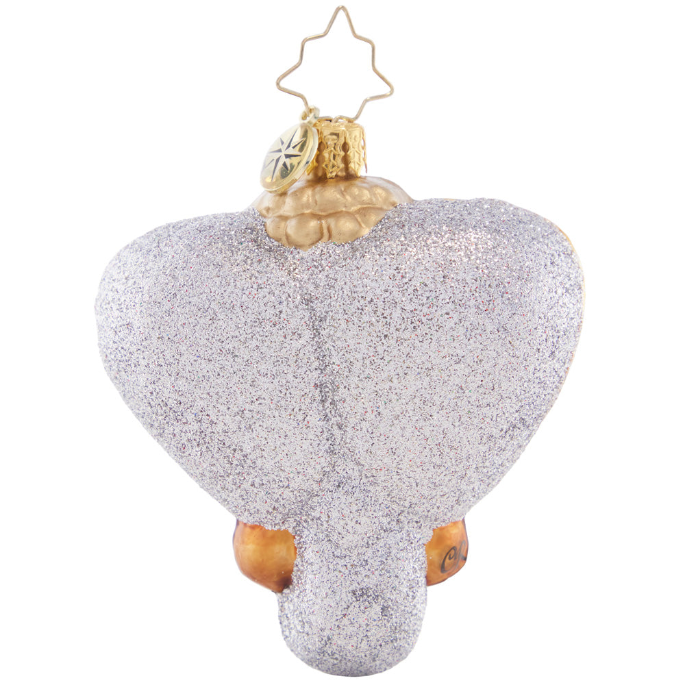 Back - Ornament Description - Opulent Elephant Gem: Adorned with a bejeweled headdress and gilded in gold, this opulent elephant piece will bestow wisdom and good fortune upon your home this holiday season.
