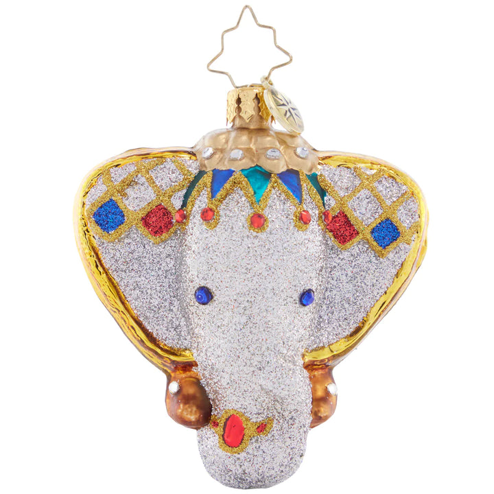 Front - Ornament Description - Opulent Elephant Gem: Adorned with a bejeweled headdress and gilded in gold, this opulent elephant piece will bestow wisdom and good fortune upon your home this holiday season.