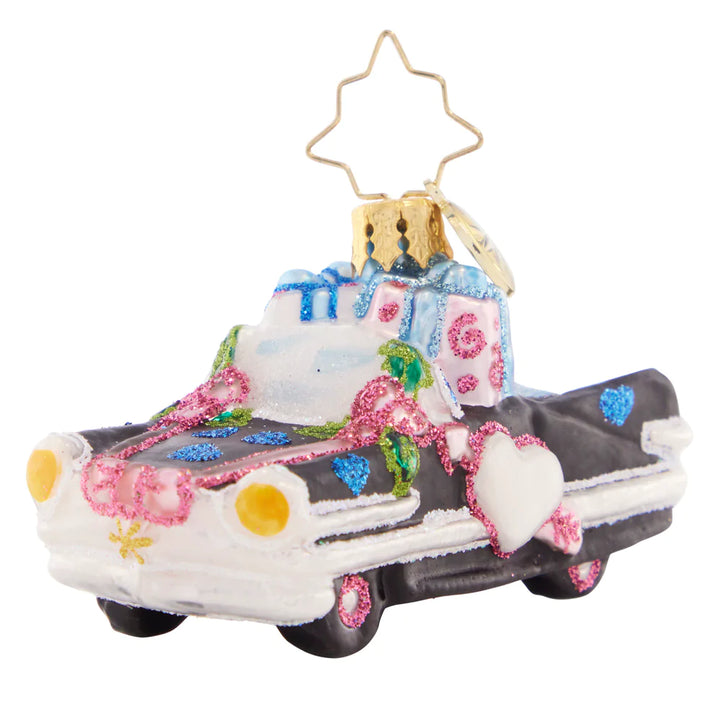 Front - Ornament Description - Wedding Day Getaway Gem: This very vintage wedding getaway ride is the perfect gift for a just-hitched couple! Commemorate everlasting love with this adorable retro automobile.