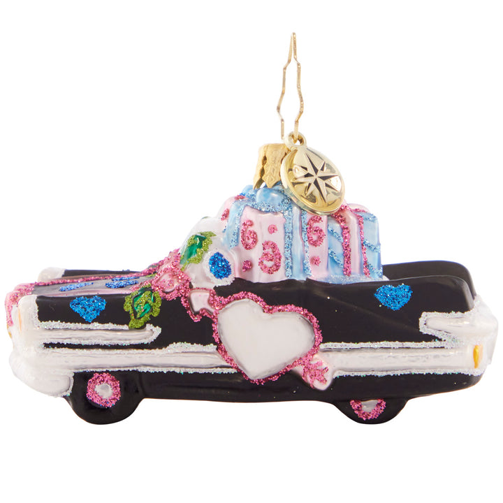 Side View 2 of 2 - Ornament Description - Wedding Day Getaway Gem: This very vintage wedding getaway ride is the perfect gift for a just-hitched couple! Commemorate everlasting love with this adorable retro automobile.