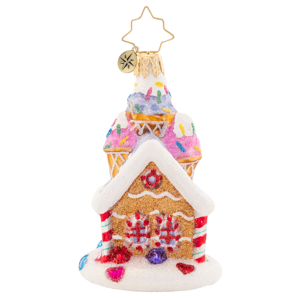 Back - Ornament Description - Sprinkled Sundae Chalet Gem: Christmas sure is sweet with this sprinkled ice cream treat! This little cookie chalet is the perfect pad for a gingerbread man to cozy up in this winter.