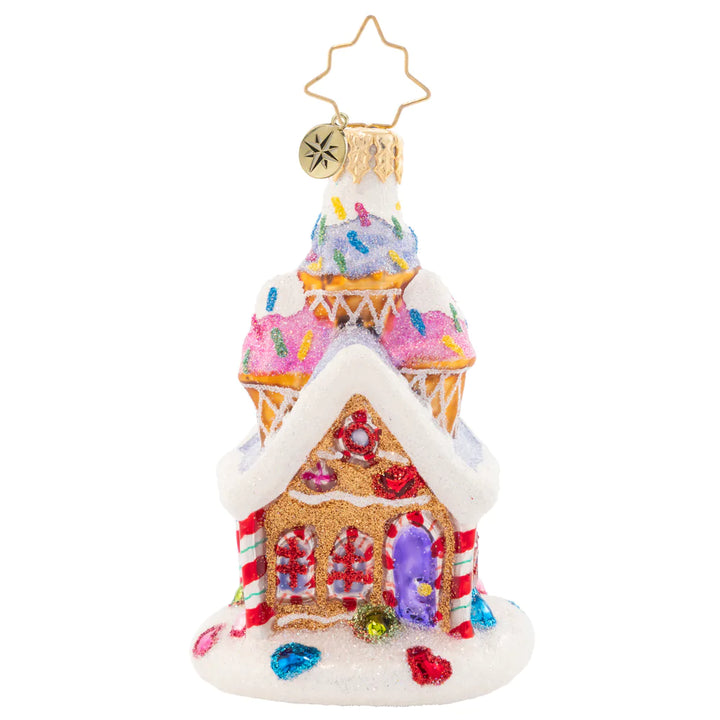 Front - Ornament Description - Sprinkled Sundae Chalet Gem: Christmas sure is sweet with this sprinkled ice cream treat! This little cookie chalet is the perfect pad for a gingerbread man to cozy up in this winter.