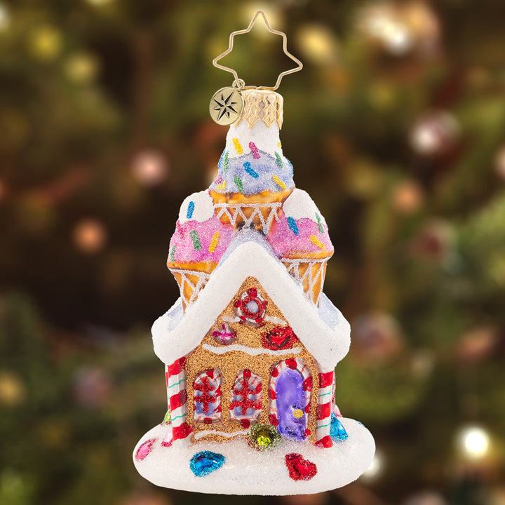 Ornament Description - Sprinkled Sundae Chalet Gem: Christmas sure is sweet with this sprinkled ice cream treat! This little cookie chalet is the perfect pad for a gingerbread man to cozy up in this winter.