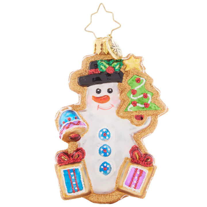 Front - Ornament Description - Gingerbread Snowman Gem: This sweet, smiling gingerbread snowman gem looks just like a real Christmas cookie! Decorated with snow-white "icing" and sparkling sprinkles, this ornament is a deliciously darling addition to any tree.