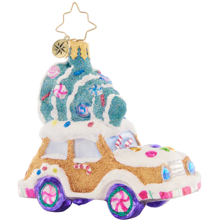 Front - Ornament Description - Candy Tree Delivery Gem: Yippee! Time to take the tree home to the Candy Chalet for Christmastime. This gingerbread-mobile is the sweetest ride to get the job done!
