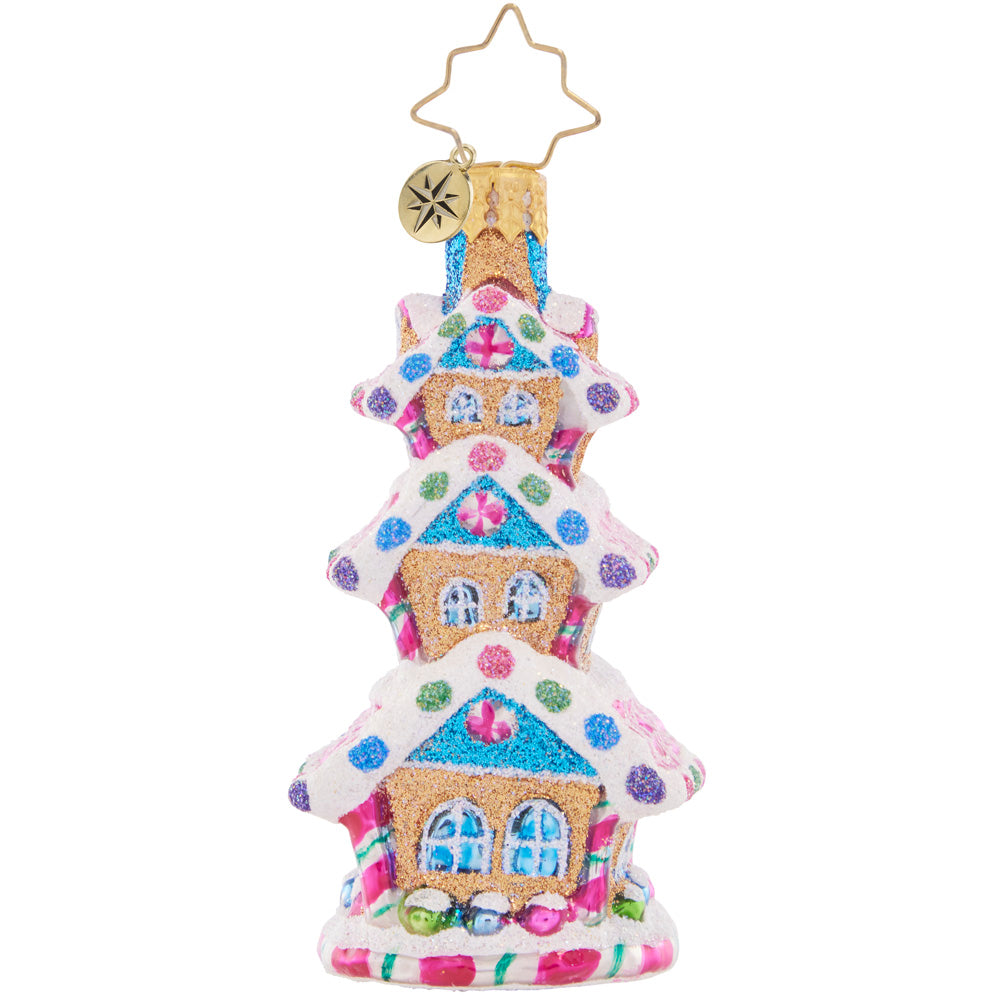 Back - Ornament Description - Sweetest Highrise Gem: This darling dwelling is a three-tiered tower of gingerbread goodness! Decorated with gooey gumdrops and peppermint icing swirls, this extravagant treat is an adorable addition to your tree.