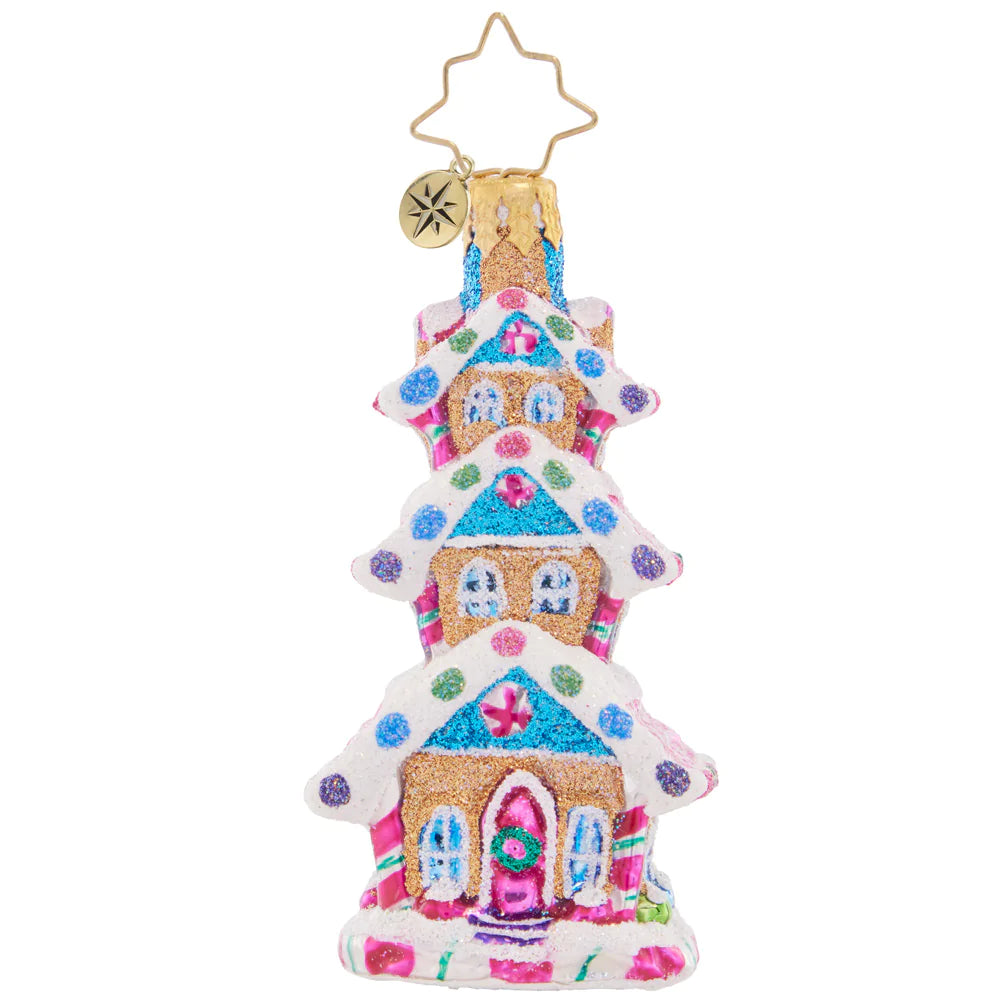 Front - Ornament Description - Sweetest Highrise Gem: This darling dwelling is a three-tiered tower of gingerbread goodness! Decorated with gooey gumdrops and peppermint icing swirls, this extravagant treat is an adorable addition to your tree.