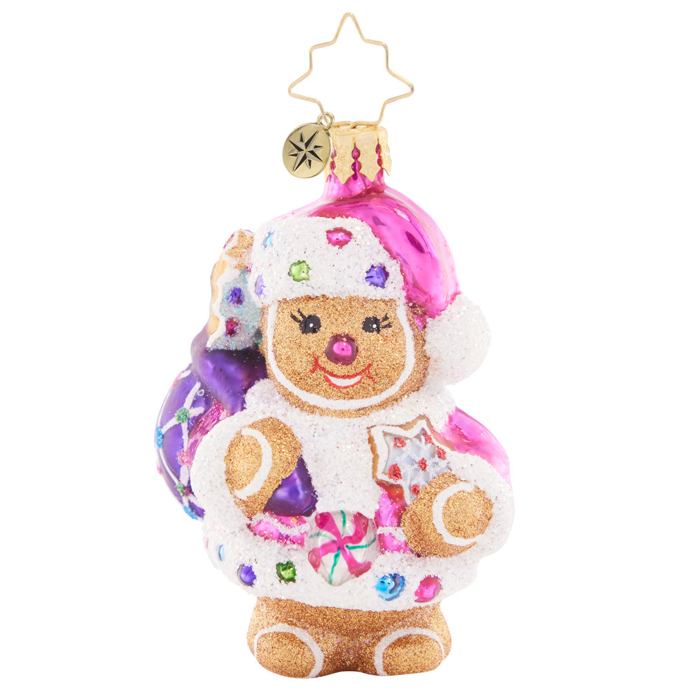 Front: Ornament Description - Gingersnap Santa Gem: Meet Santa's sweet stand-in, Cookie Claus! This little gingerbread gem is as cute as a button, ready to help deliver Christmas treats to all the good little girls and boys.