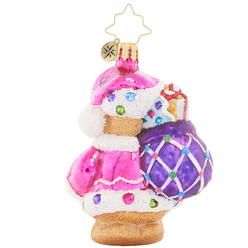 Back - Ornament Description - Gingersnap Santa Gem: Meet Santa's sweet stand-in, Cookie Claus! This little gingerbread gem is as cute as a button, ready to help deliver Christmas treats to all the good little girls and boys.
