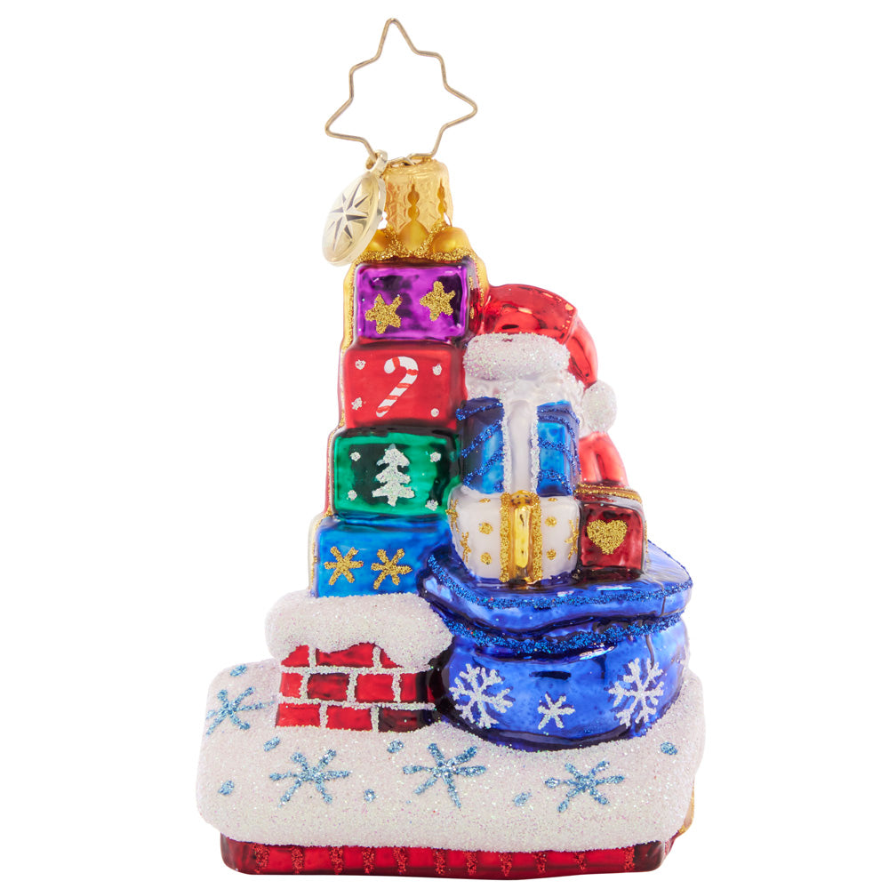 Back - Ornament Description - Another Wonderful Year Gem: Cheers to another wonderful year! This little ornament is a great way to celebrate 2023, showing Santa up on the rooftop making his Christmas Eve delivery.