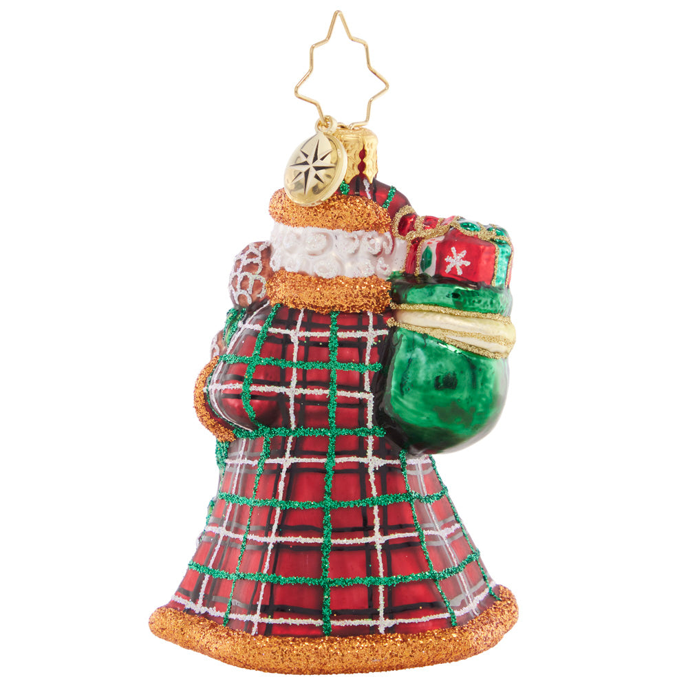 Back - Ornament Description - Perfectly Plaid Santa Gem: Santa is looking posh in a plaid, fur-trimmed coat. He'll be cozy warm as he walks through the snowy woods of North Pole.