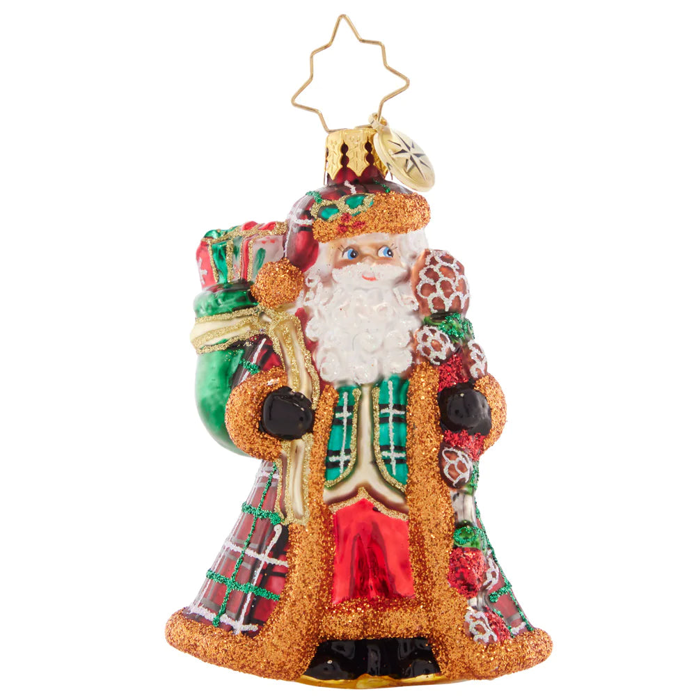 Front - Ornament Description - Perfectly Plaid Santa Gem: Santa is looking posh in a plaid, fur-trimmed coat. He'll be cozy warm as he walks through the snowy woods of North Pole.