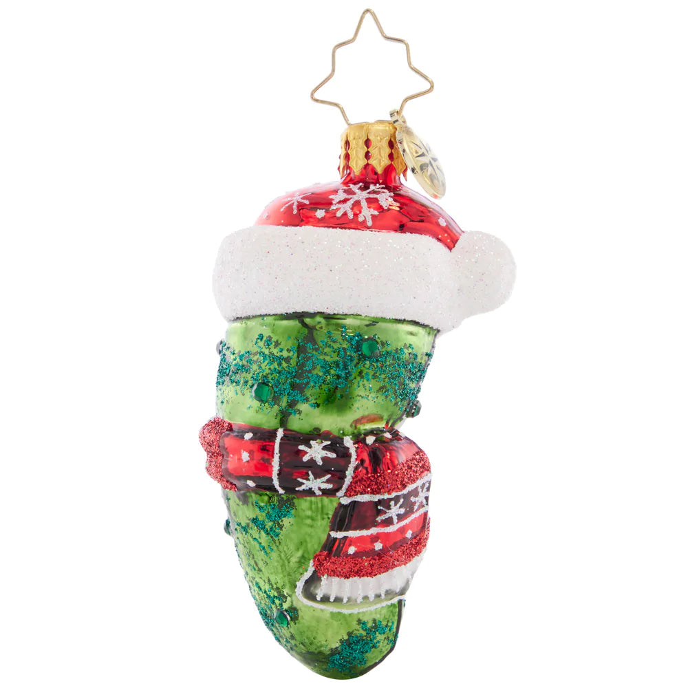 Front - Ornament Description - Chilly Christmas Pickle Gem: You're sure to be in a pickle if you try to find this darling ornament nestled among the tree branches! Honor the traditional Christmas pickle-hunt with this whimsical piece.