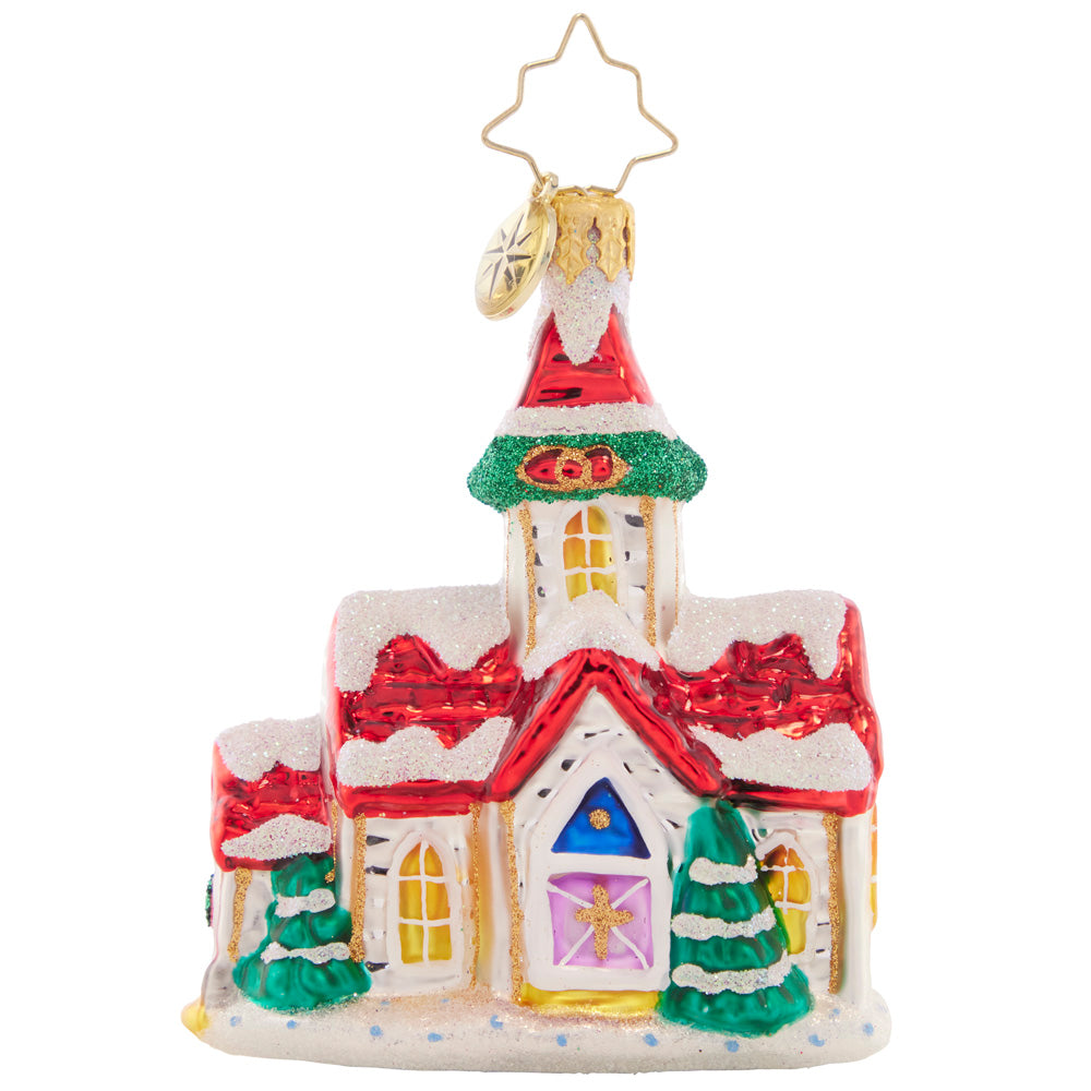 Back - Ornament Description - Enchanting Country Chapel Gem: This cute little gem is reminiscent of a quintessential small-town Chapel. Adorn your tree with this cherished keepsake.