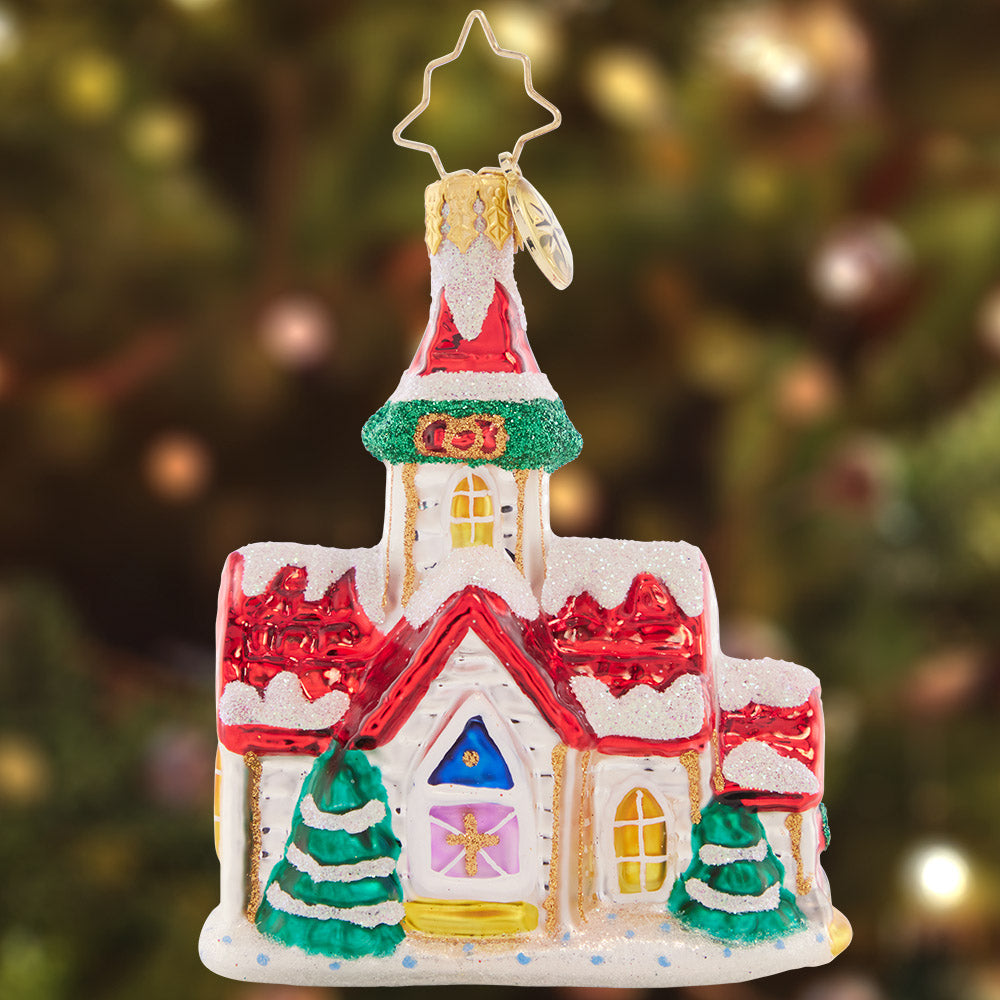 Ornament Description - Enchanting Country Chapel Gem: This cute little gem is reminiscent of a quintessential small-town Chapel. Adorn your tree with this cherished keepsake.