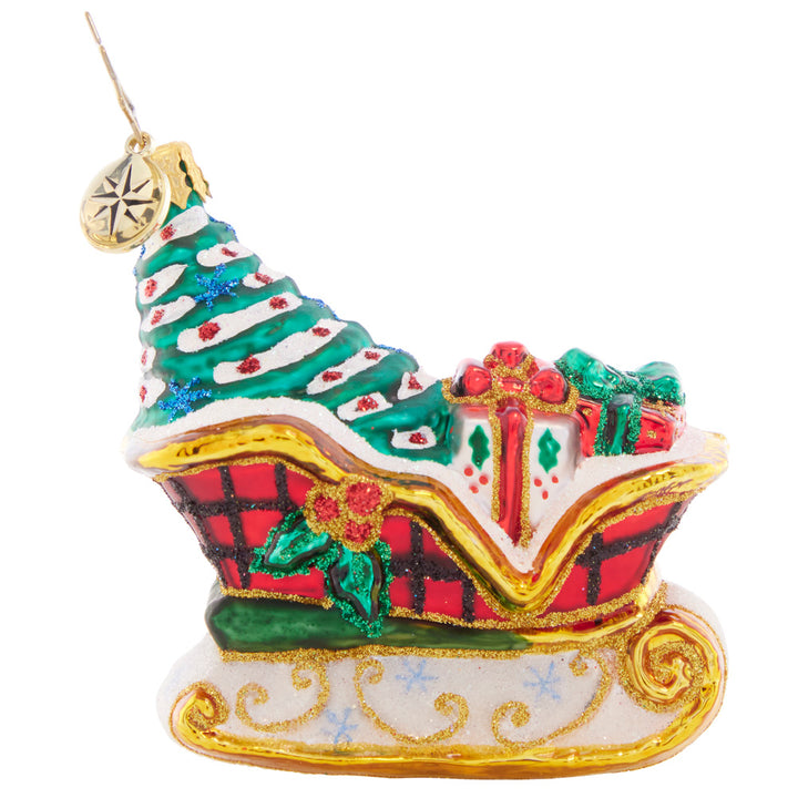 Back - Ornament Description - Snowy Sleigh Ride Gem: Packed full of gifts and a beautifully-trimmed tree, this snow-speckled sleigh has everything you need for a wonderful Christmas!