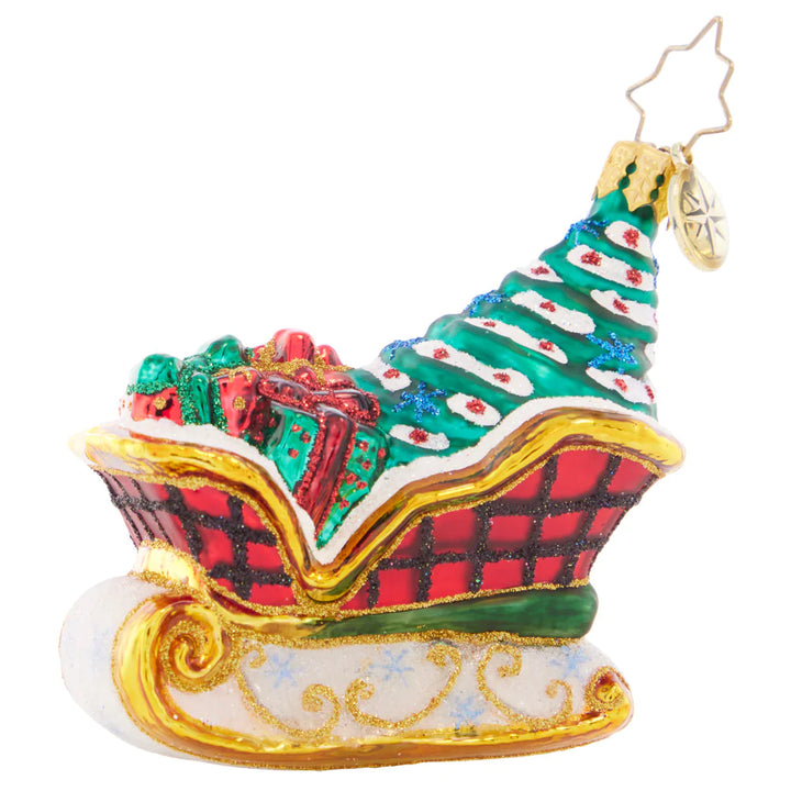 Front - Ornament Description - Snowy Sleigh Ride Gem: Packed full of gifts and a beautifully-trimmed tree, this snow-speckled sleigh has everything you need for a wonderful Christmas!