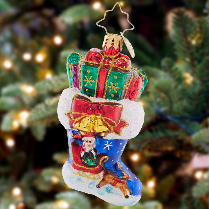 Ornament Description - Night Before Christmas Stocking Gem: This classic stocking is chock-full of gifts and decorated with the iconic Night Before Christmas scene.