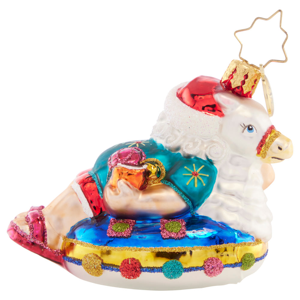 Back - Ornament Description - Ho-Ho-Holiday in the Sun Gem: After a busy Christmas season, Santa is ready to rest and relax on his festive floatie.