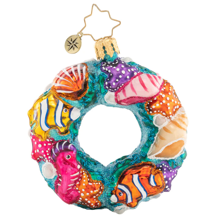 Front - Ornament Description - Under The Sea Wreath Gem: This undersea wreath is covered in colorful nautical creatures! It's the perfect little piece to add tropical touch to your tree.