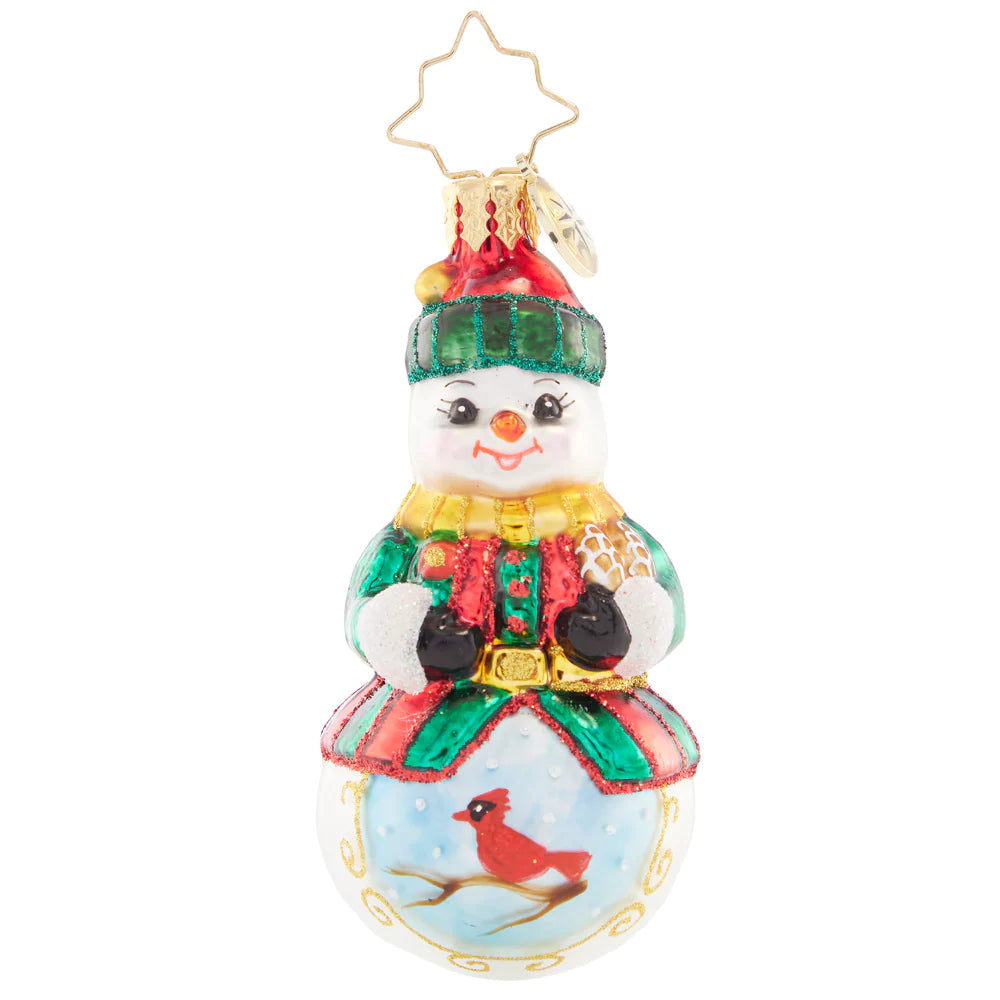 Front - Ornament Description - Guardian of the Forest Gem: A vignette of a crimson-red cardinal decorates this friendly snowman. He cares for all the woodland creatures, especially those that stay throughout the season.