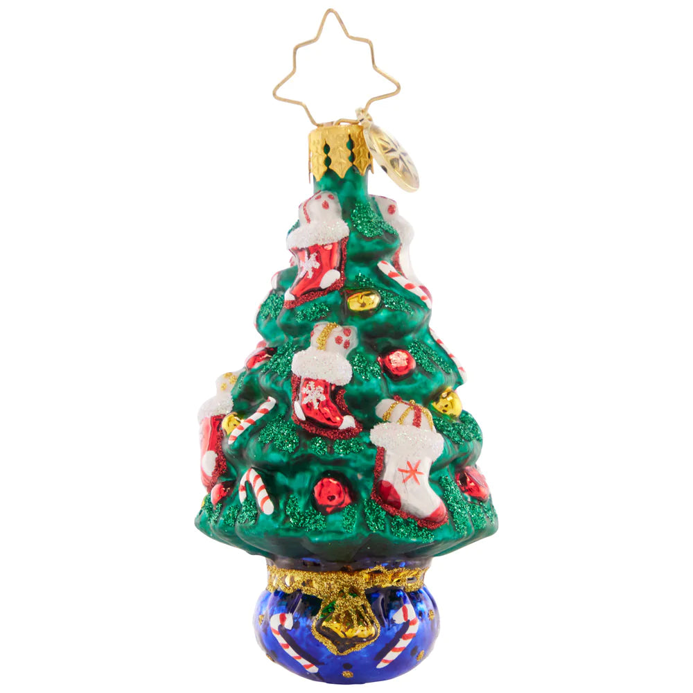 Front - Ornament Description - Candy Cane Conifer Gem: This tasty tree is trimmed with candy canes and gift-stuffed stockings – what a cute little treat to celebrate the holidays!