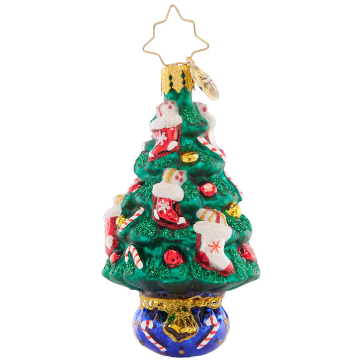 Front - Ornament Description - Candy Cane Conifer Gem: This tasty tree is trimmed with candy canes and gift-stuffed stockings – what a cute little treat to celebrate the holidays!
