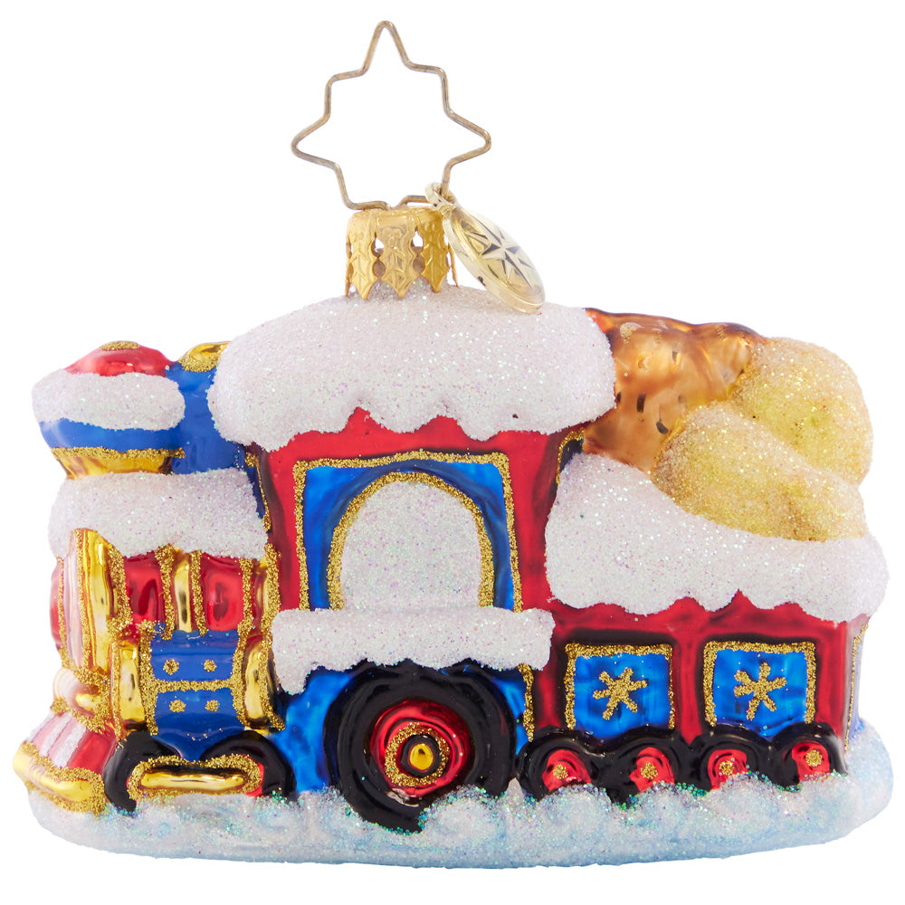 Back - Ornament Description - Choo Choo Express Gem: Santa is chugging though the snow with his train full of toys, moving full steam ahead to deliver them to the good little girls and boys!