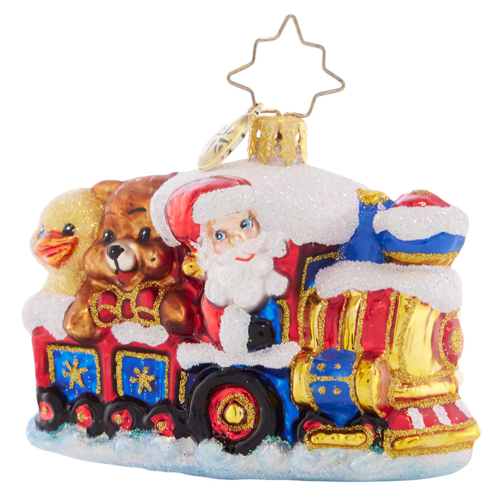 Front - Ornament Description - Choo Choo Express Gem: Santa is chugging though the snow with his train full of toys, moving full steam ahead to deliver them to the good little girls and boys!