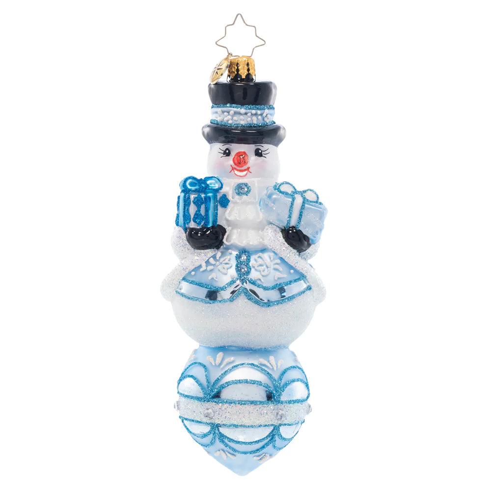 Front - Ornament Description - Frosty Snow Fellow: Looking extra frosty and fresh, this festive snow-fella is perched upon a radiant reflector drop. 