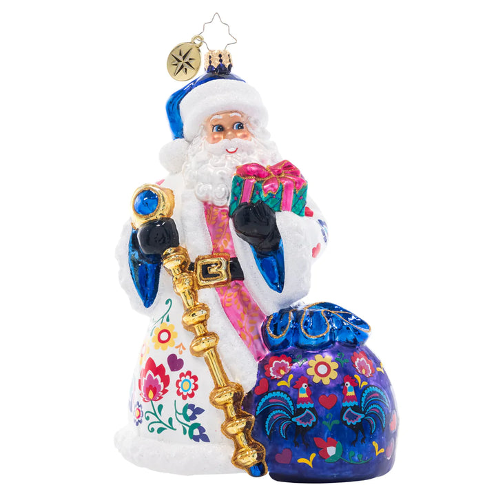 Front - Ornament Description - Floral Folk Santa: Santa is looking festive as ever in a cozy ensemble fashioned in the style of floral European folk art. Uniquely colorful and hand-painted with care, this piece is a truly unique addition to your collection.