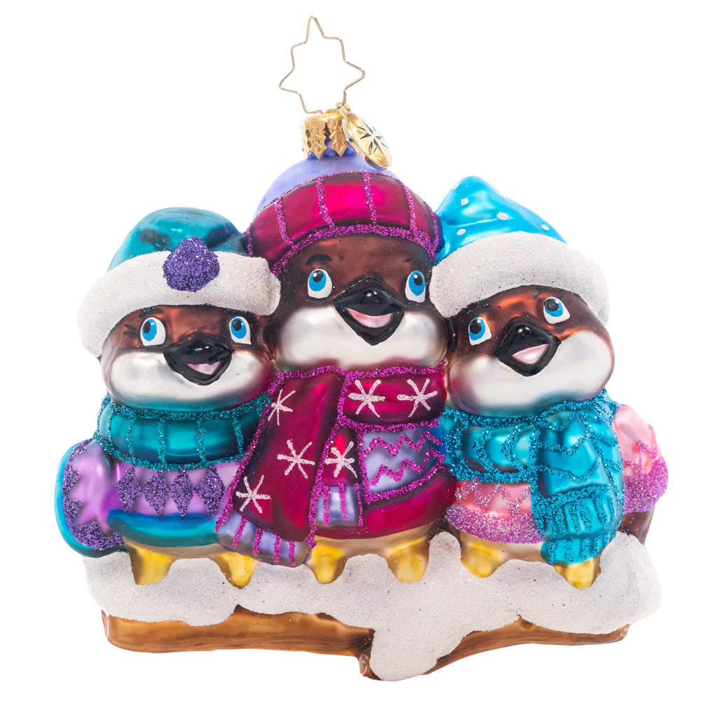 Front - Ornament Description - Bundled Up Birdies: A cluster of cute, cozied-up chickadees show that birds of a feather really do flock together.