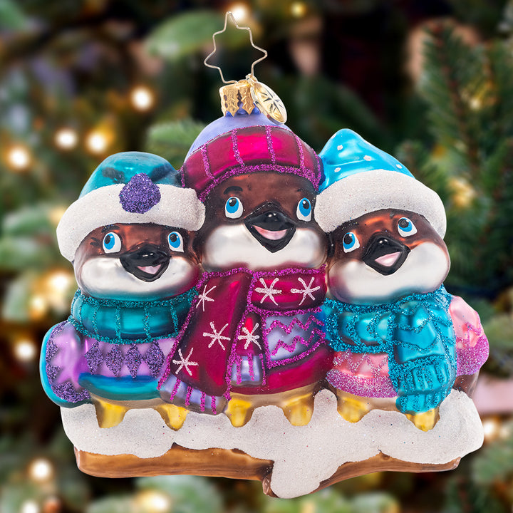 Ornament Description - Bundled Up Birdies: A cluster of cute, cozied-up chickadees show that birds of a feather really do flock together.