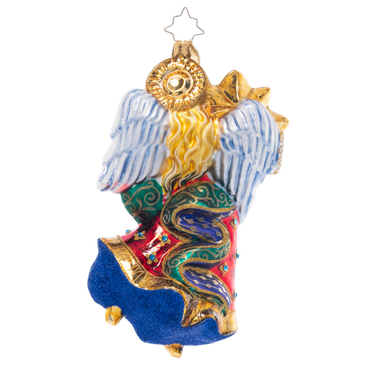 Back - Ornament Description - Christmas Star Angel: Soaring on wings of hope and love, this Christmas angel bears a golden star and a beautiful vignette of baby Jesus in the manger, a wonderful piece to celebrate the season.