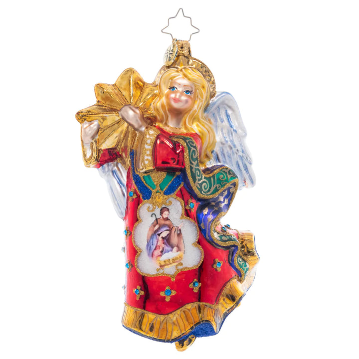 Front - Ornament Description - Christmas Star Angel: Soaring on wings of hope and love, this Christmas angel bears a golden star and a beautiful vignette of baby Jesus in the manger, a wonderful piece to celebrate the season.