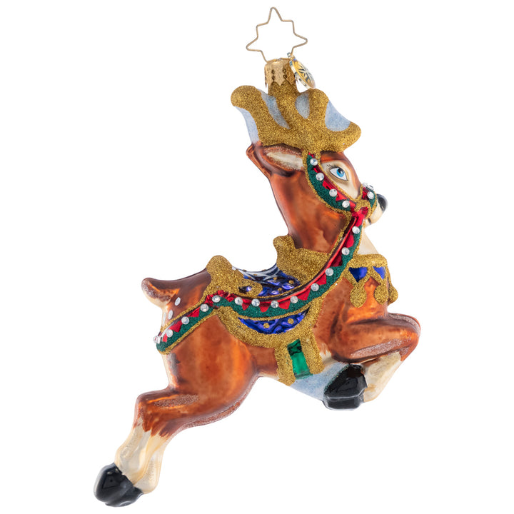 Back - Ornament Description - Take to the Skies: Magnificent and mounted with a holiday saddle, this leaping stag is ready to bring Christmas joy to your tree.