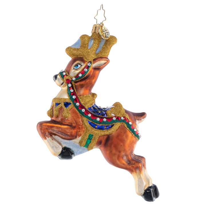 Front - Ornament Description - Take to the Skies: Magnificent and mounted with a holiday saddle, this leaping stag is ready to bring Christmas joy to your tree.