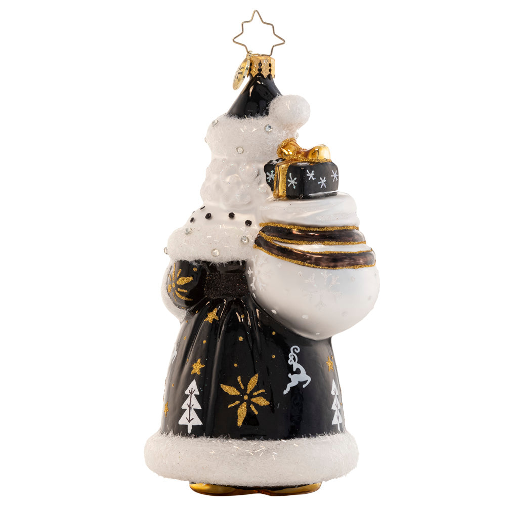 Back - Ornament Description - Luxe Saint Nicholas: Looking luxurious as ever in a gold-accented black robe, Santa is ready to bring sumptous style to any Christmas soirée this season.