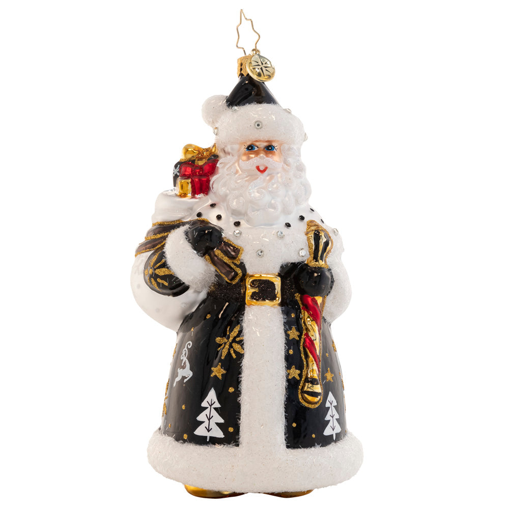 Front - Ornament Description - Luxe Saint Nicholas: Looking luxurious as ever in a gold-accented black robe, Santa is ready to bring sumptous style to any Christmas soirée this season.
