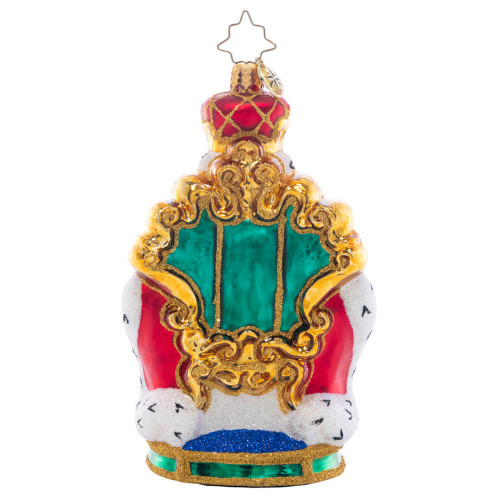 Back - Ornament Description - At Home on the Throne: The nutcracker king is keeping court at the candy castle, sitting comfortably in a gilded throne. Add a regal touch to your tree with this stunning piece!