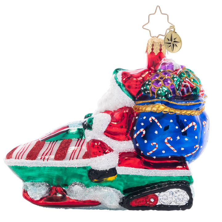 Back - Front - Ornament Description - Vroom Vroom Santa: Santa has the need for speed! He'll deliver presents in half the time this year thanks to his new snow-mobile.
