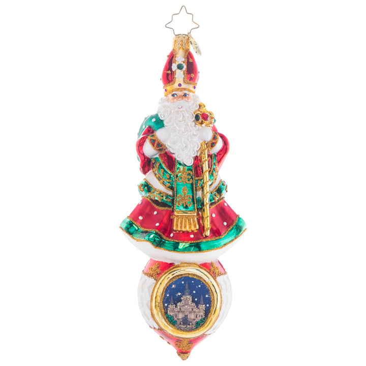 Front - Ornament Description - Stately Saint Nicholas: Honor the kind and generous spirit of Saint Nicholas with this intricately decorated saintly statuette, bearing a papal hat, scepter, and holy red robe.