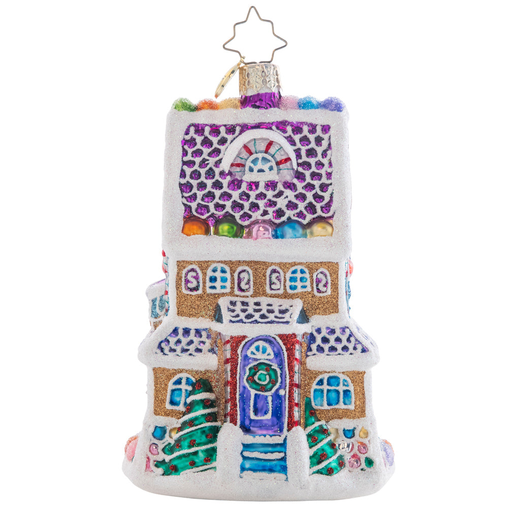 Front - Ornament Description - Sweet Chalet: Charmingly dusted with icing snow drifts and colorful gumdrops, this magnificent tri-level treat is the sweetest gingerbread house on the block!