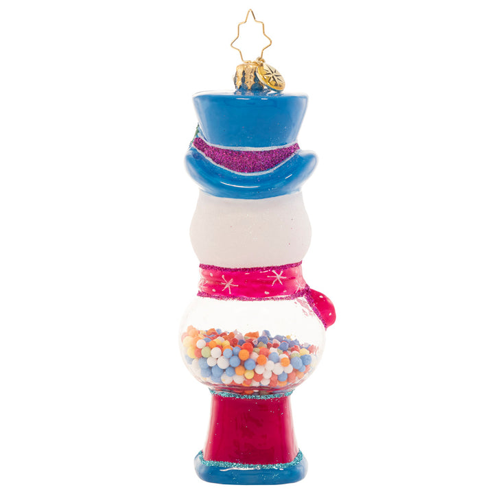 Back - Ornament Description - Gumball Grins: This jolly, top-hat wearing snow friend doubles as a classic gumball machine, ready to add a whimsical pop to your tree.