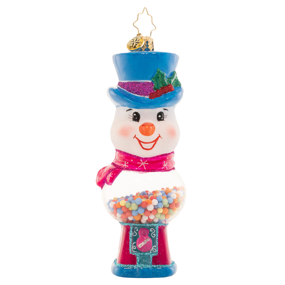 Front - Ornament Description - Gumball Grins: This jolly, top-hat wearing snow friend doubles as a classic gumball machine, ready to add a whimsical pop to your tree.